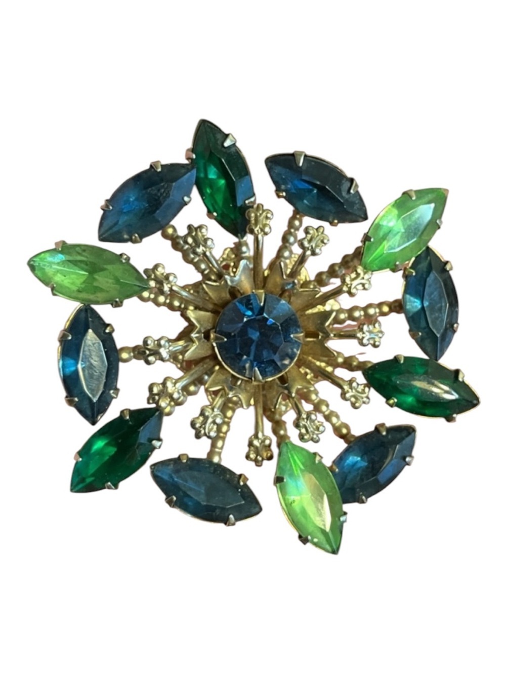 Large Blue and Green Navette Rhinestone Brooch